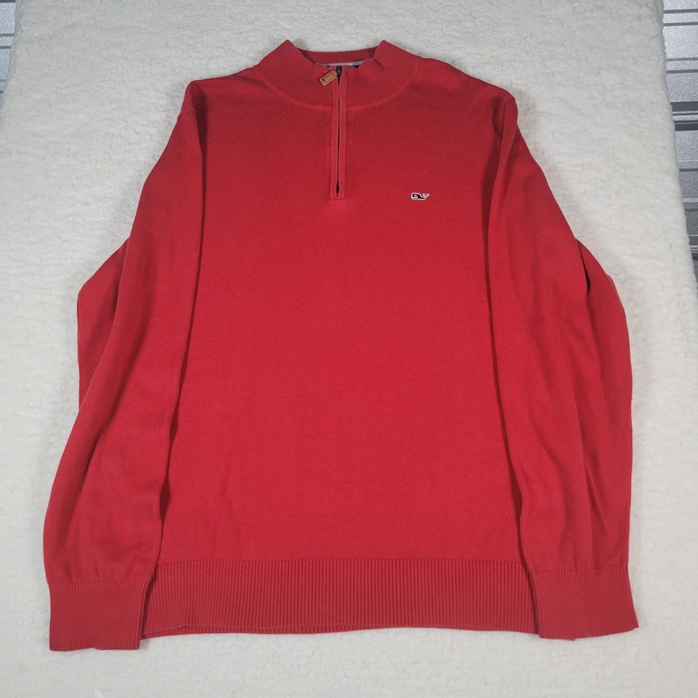 Vineyard Vines Sweater Mens Large Red 1/4 Zip Cotton Pullover Whale Logo 1E0276
